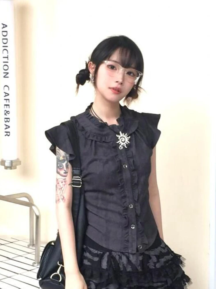 Y2k Rufflesสีดําเสื้อผู้หญิงHarajuku Slimบินแขนเสื้อวินเทจStreetwear Dark Academicฤดูร้อนRetroญี่ปุ่นTops