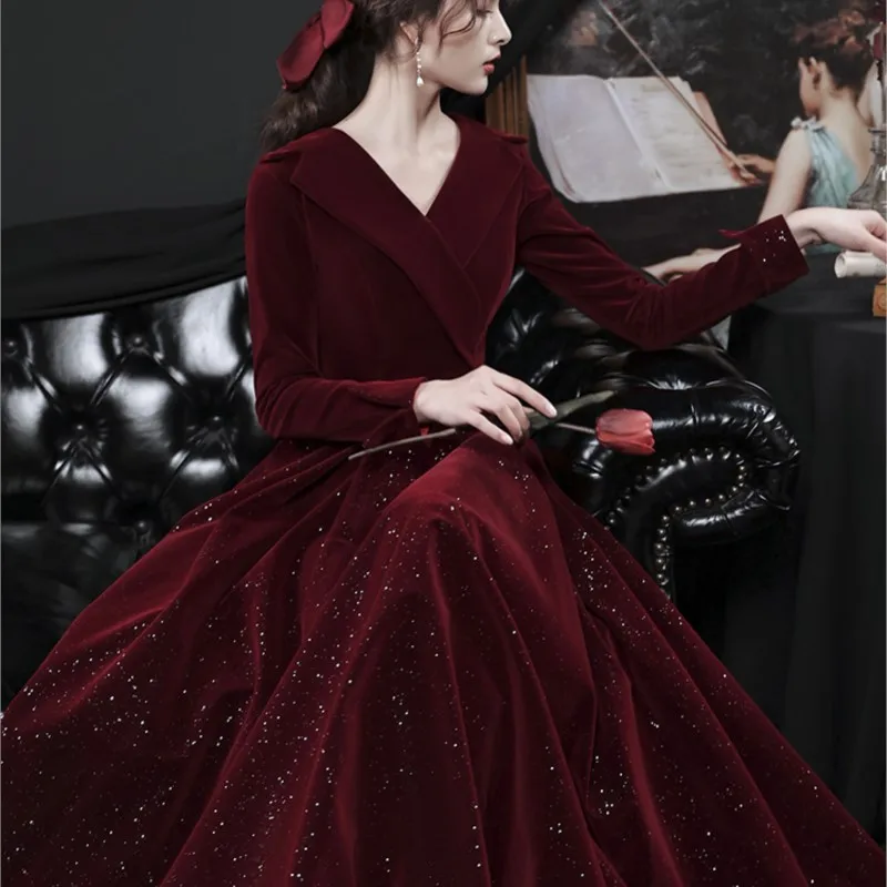 Toasted new long sleeve Burgundy velvet Hepburn style dress