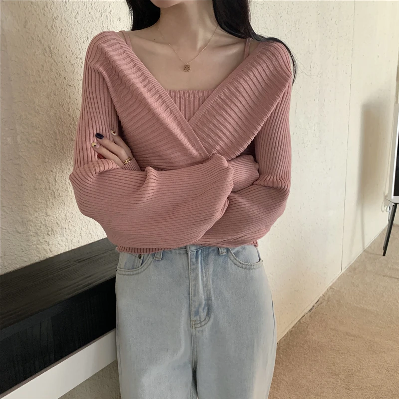 Christmas Red Pullovers Fake Two Pieces for Women Xmas Solid Cross V-neck Slip Off Shoulder Sweater Sexy Lady Slim Knitshirt Top