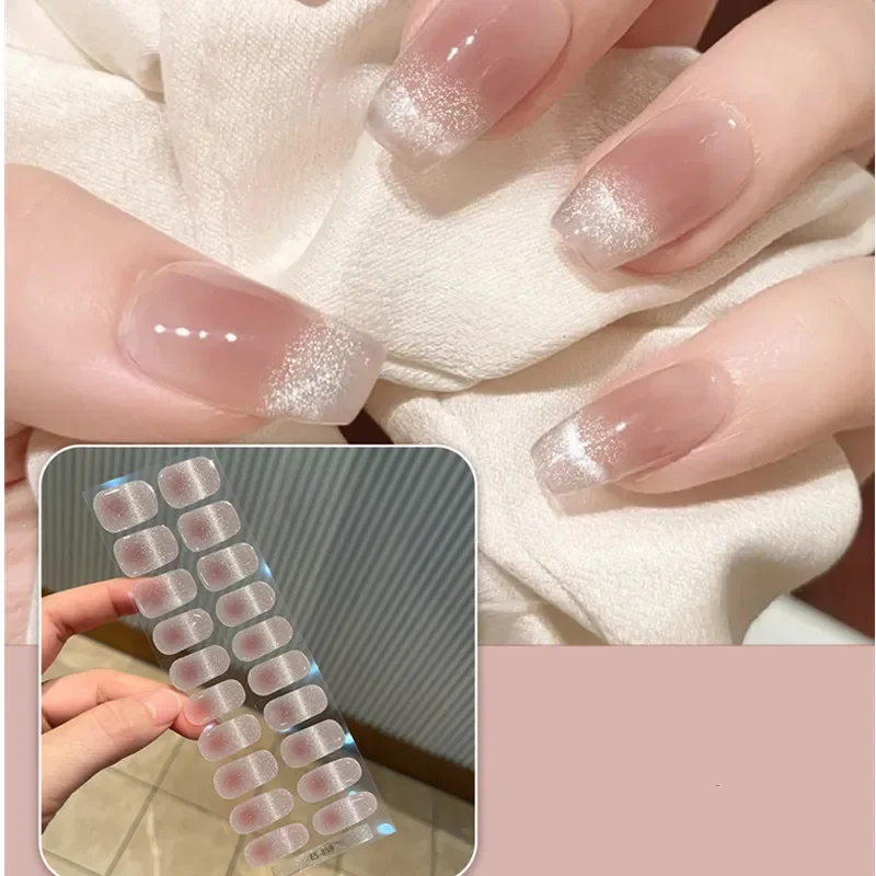 20Tips Crystal Cat Eye Gradual Explosion Flash Gel Nail Strips Patch Sliders Adhesive Waterproof Gel Nail Stcikers UV Lamp Need