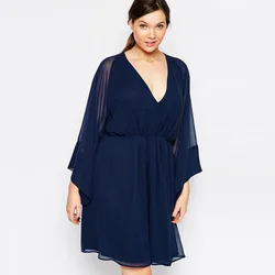 Plus Size Long Flare Sleeve Elegant Chiffon Dress Sexy V-neck Elastic Waist Summer Spring Office Dress Casual Party Dress 6XL 7X