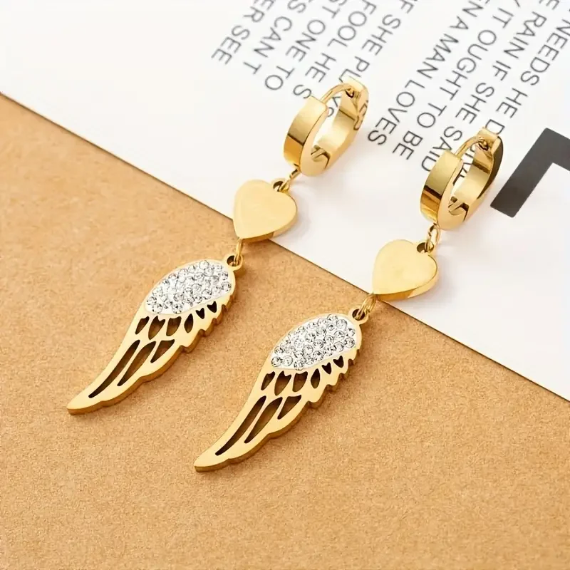 1 pair of elegant stainless steel angel wings pendant earrings, Valentine\'s Day jewelry gifts for women