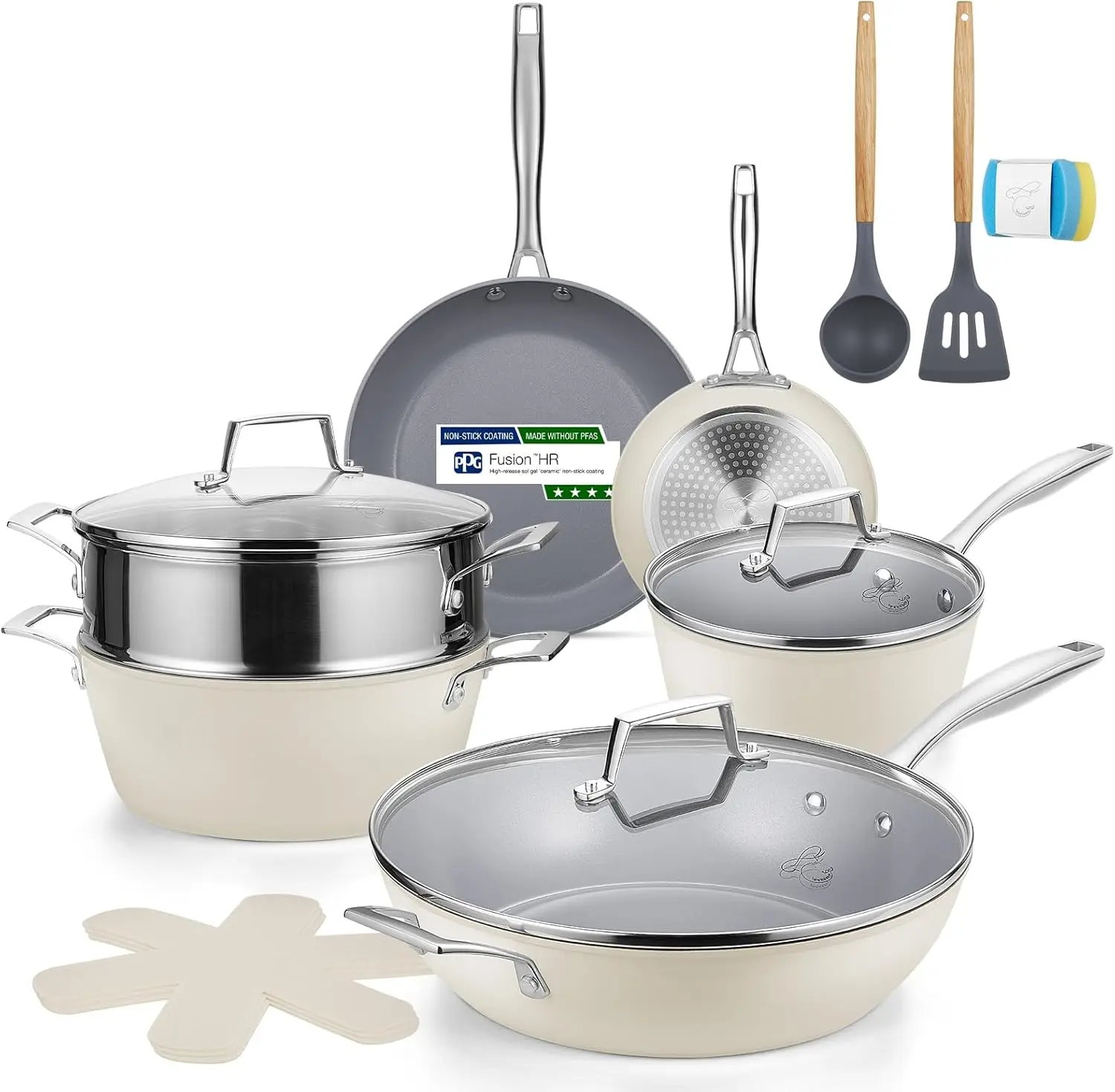 

Ceramic Cookware Set Nonstick, 16 Pcs Pots and Pans Set Non Toxic, Oven Safe, Induction Cookware, Cooking Set with Steamer, PPG