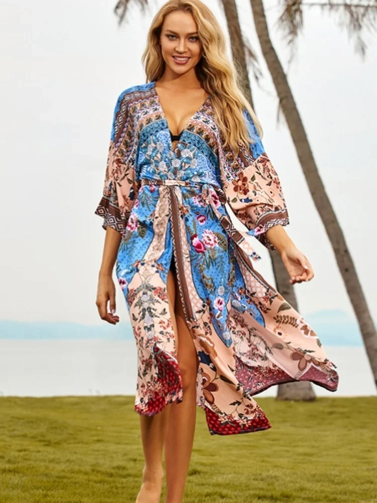 2024 Bohemian Stampato Cover-up Sexy Summer Beach Dress Tunica Donna Beachwear Costume da bagno Cover Up Bikini Wrap Sarongs Q675