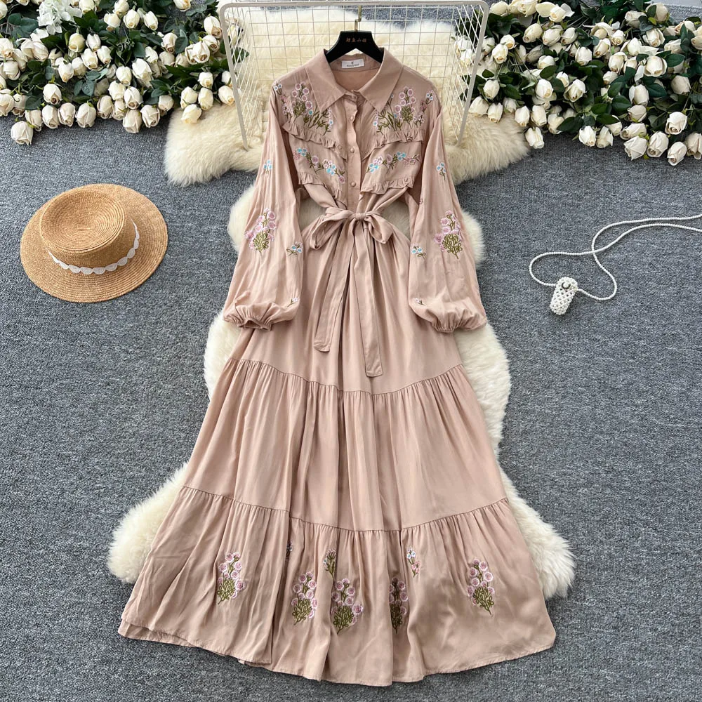 Chic vintage Embroidered print Elegant Fairy korean fashion Boho Sundress women clothing Long dress