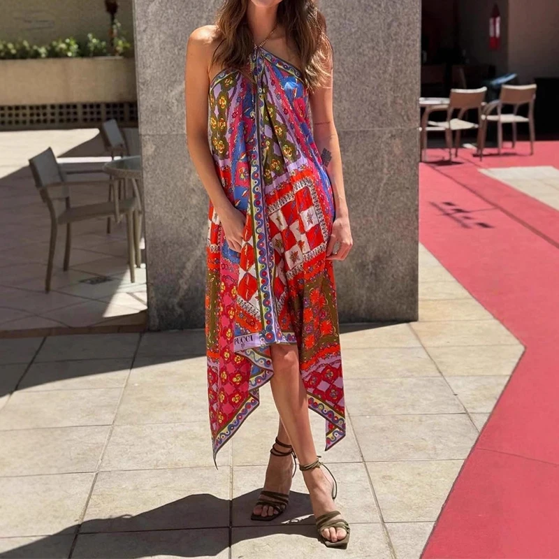 Abiti da donna con orlo irregolare senza maniche con scollo all'americana stampato 2025 Abiti da vacanza estivi Boho Abito maxi bohémien da spiaggia casual