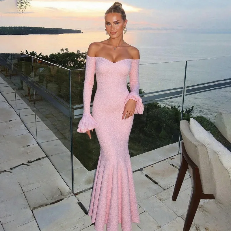 Women Elegant Lace Mermaid Maxi Evening Party Dress Ruched Slash Neck Off Shoulder Flare Sleeve Slim Birthday Banquet Long Robe