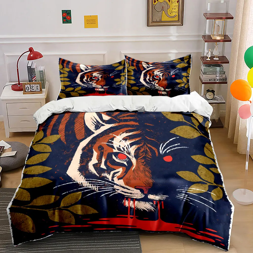 3Pcs Retro Woodcut Tiger Portrait Duvet Cover Set, Dark Jungle Leaf Wild Animal Bedding Single Double King Queen, Gift
