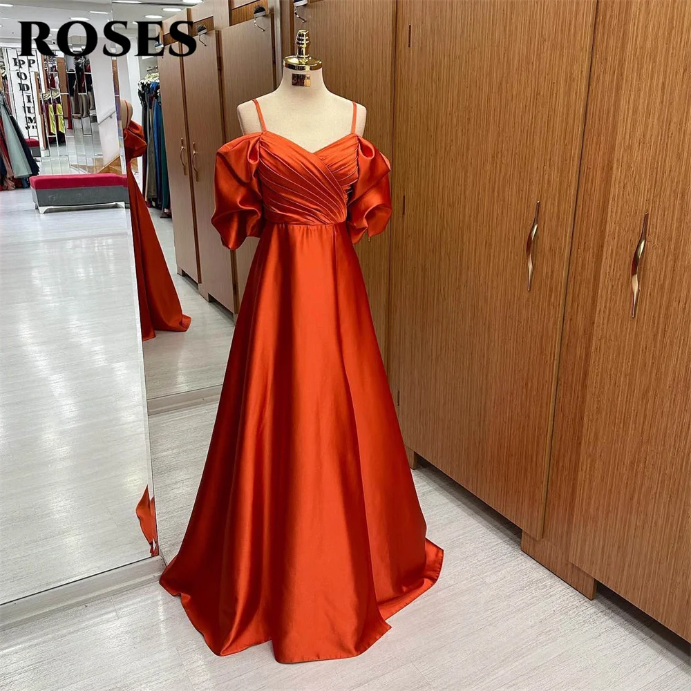 

ROSES Spaghetti Strap Stain Formal Dresses Orange A Line Party Dress For Wedding Half Sleeves Special Occasion Dress robe soirée