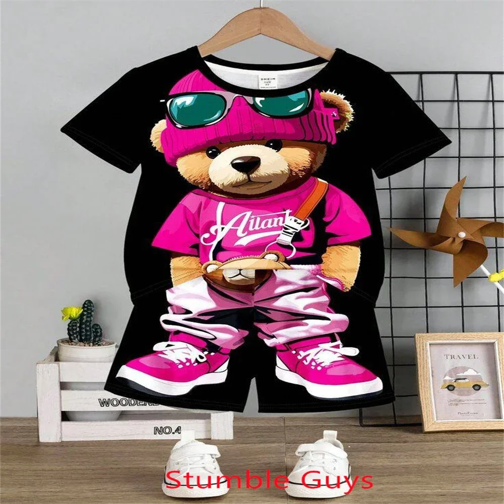 Fashion Brand Bear Tshirt Set Kids Summer Anime Clothes Tracksuit Boys Girls Tops One Piece Cartoon Sonic 2pcs Short Sleeve