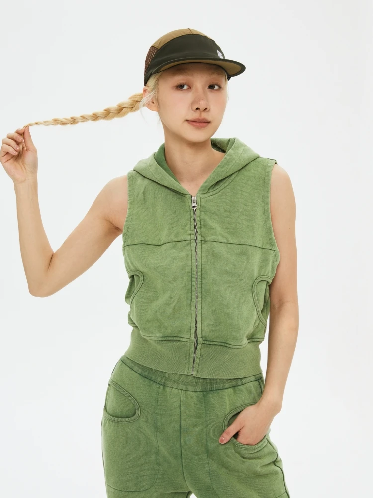 Washed Vintage Hoodie Zipper Sleeveless Jacket Women's Summer Outerwear American Style Vest Coat Oneup Brand Cotton Material