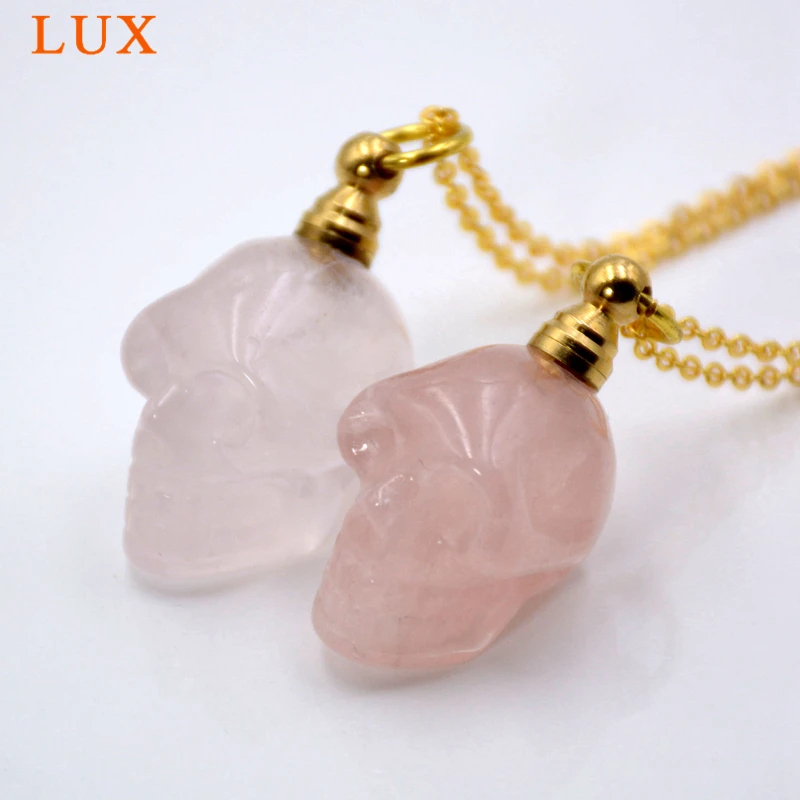 Natural Gemstone Rose Quartz Perfume Bottle Pendant, Ghost Head Essential Oil Diffuser Necklace Ghost Skull Pink Crystal Pendant