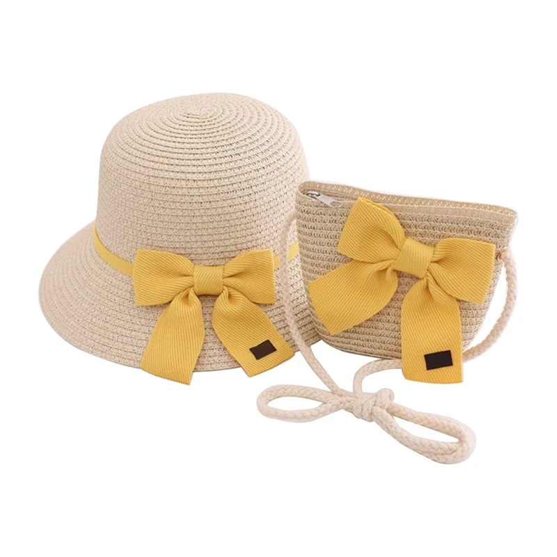 Kids Straw Hat Simple Beach Hat +Handbag Hand-woven Purse for Kindergarten Girls for Summer Vacations Outdoor Wearing