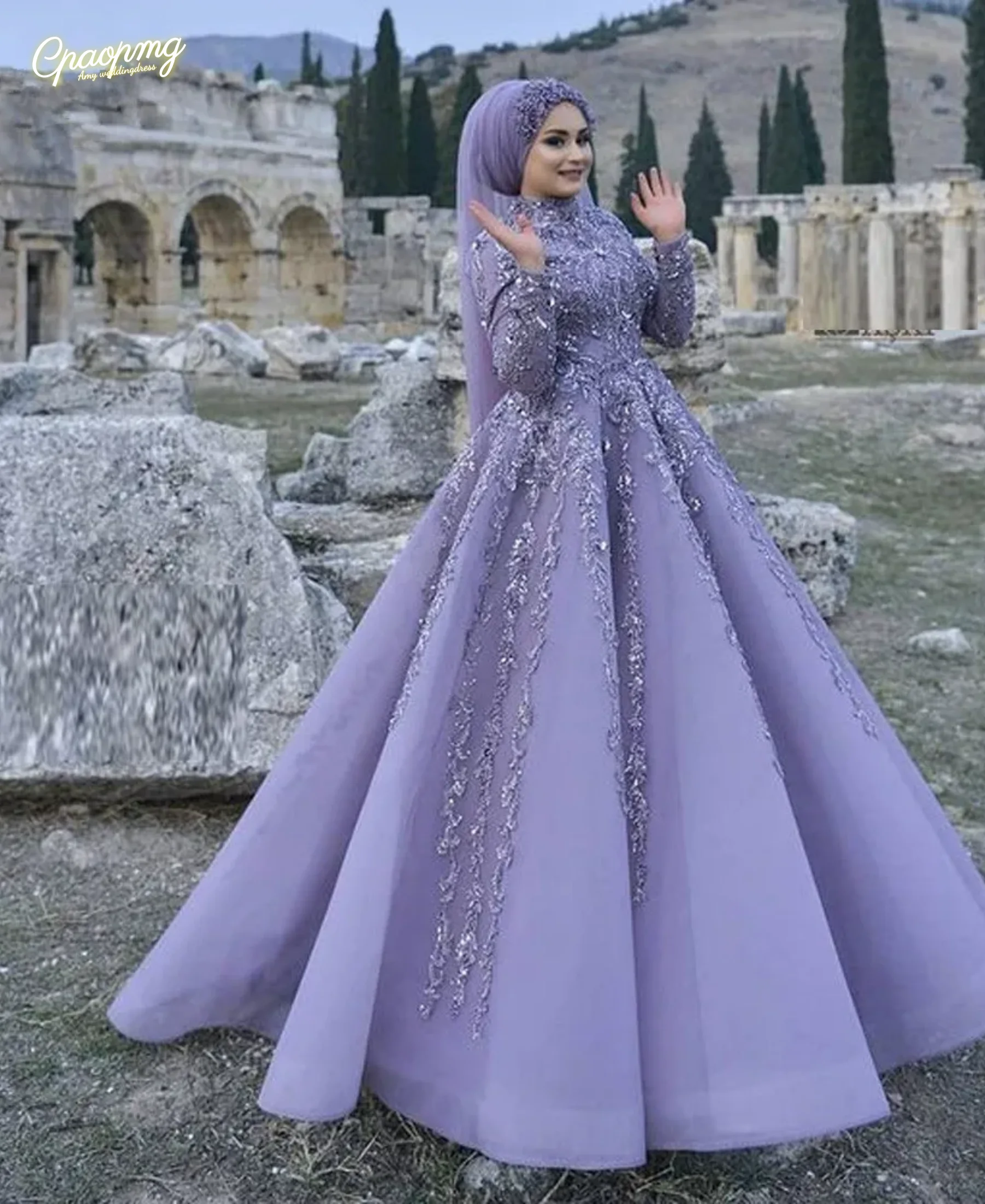 

Customized Lavender Lilac Long Sleeve Muslim Evening Dresses Luxury Arabic High Neck Prom Occasion Gown