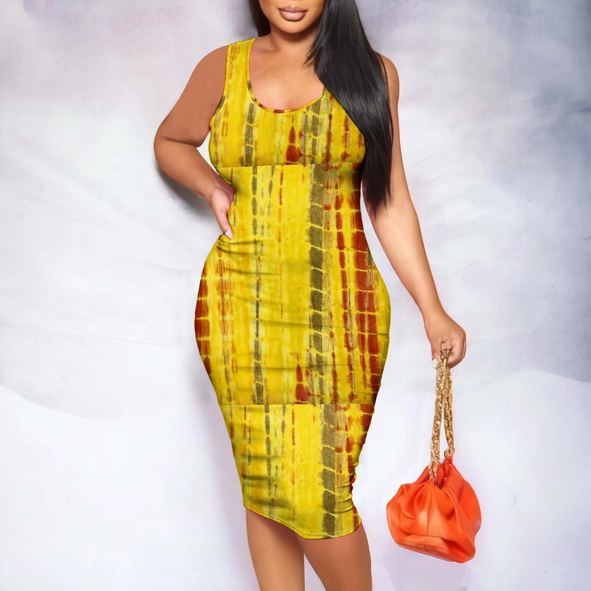 

Tie Dye Midi Dress, Sleeveless Round Neck Wide Strap, Yellow Brown Print Bodycon, Party Casual Wear, XS-2XL