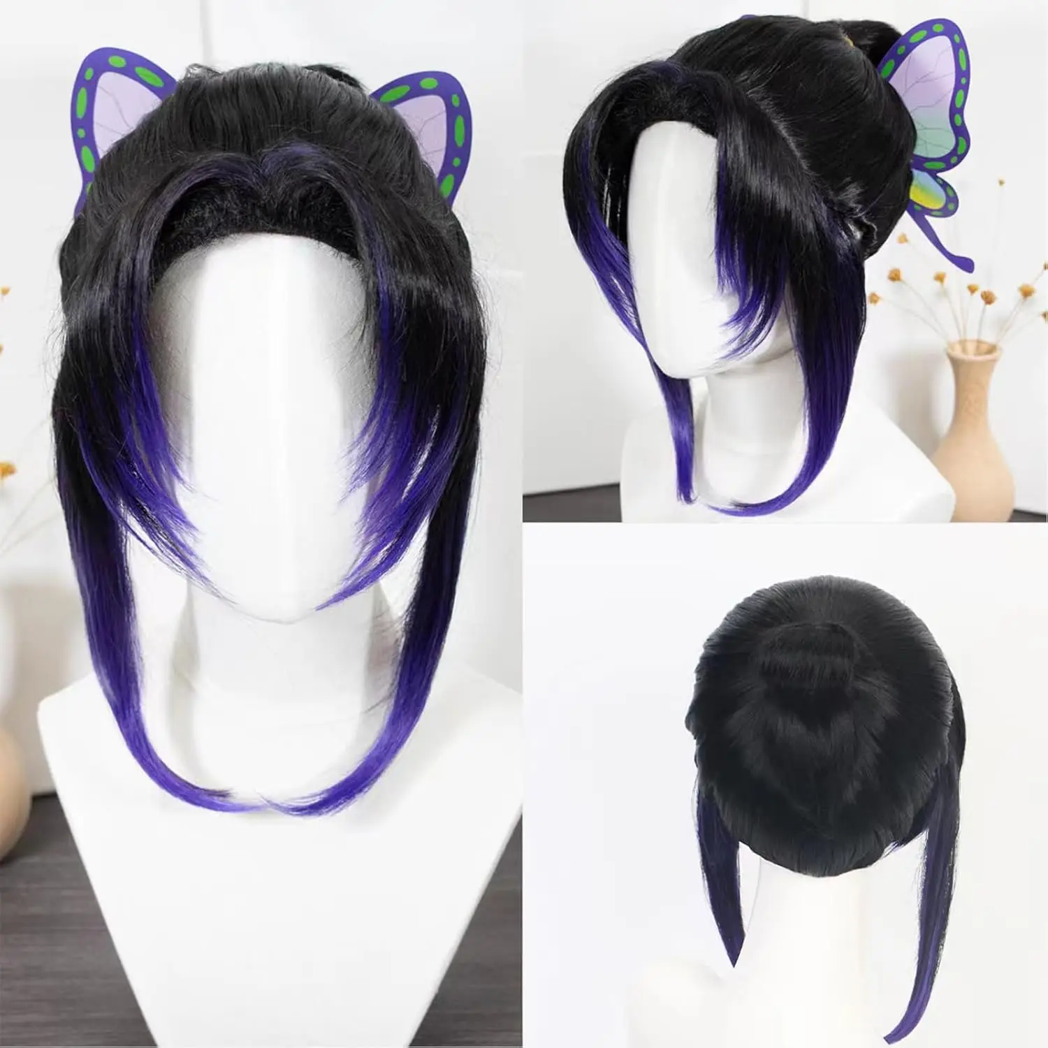 Kochou Shinobu Cosplay wig Kimetsu No Yaiba black and purple wig heat-resistant synthetic Halloween wig Butterfly hair clip
