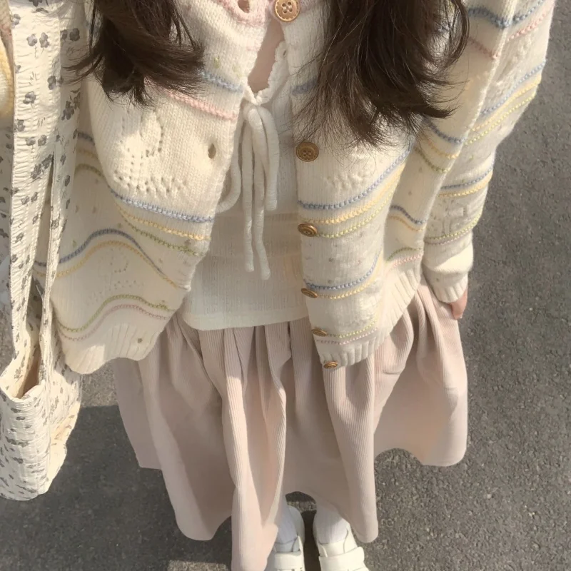 

Весенне-осенние радужные топы в контрастную полоску, женский нежный милый внешний дизайн, свитер в ленивом стиле, кардиган