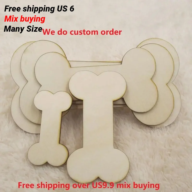 Wooden Dog Bone Shape Cutout Craft, Unfinished Wood DIY Project, Small to Big, All Sizes Available, 5Pcs