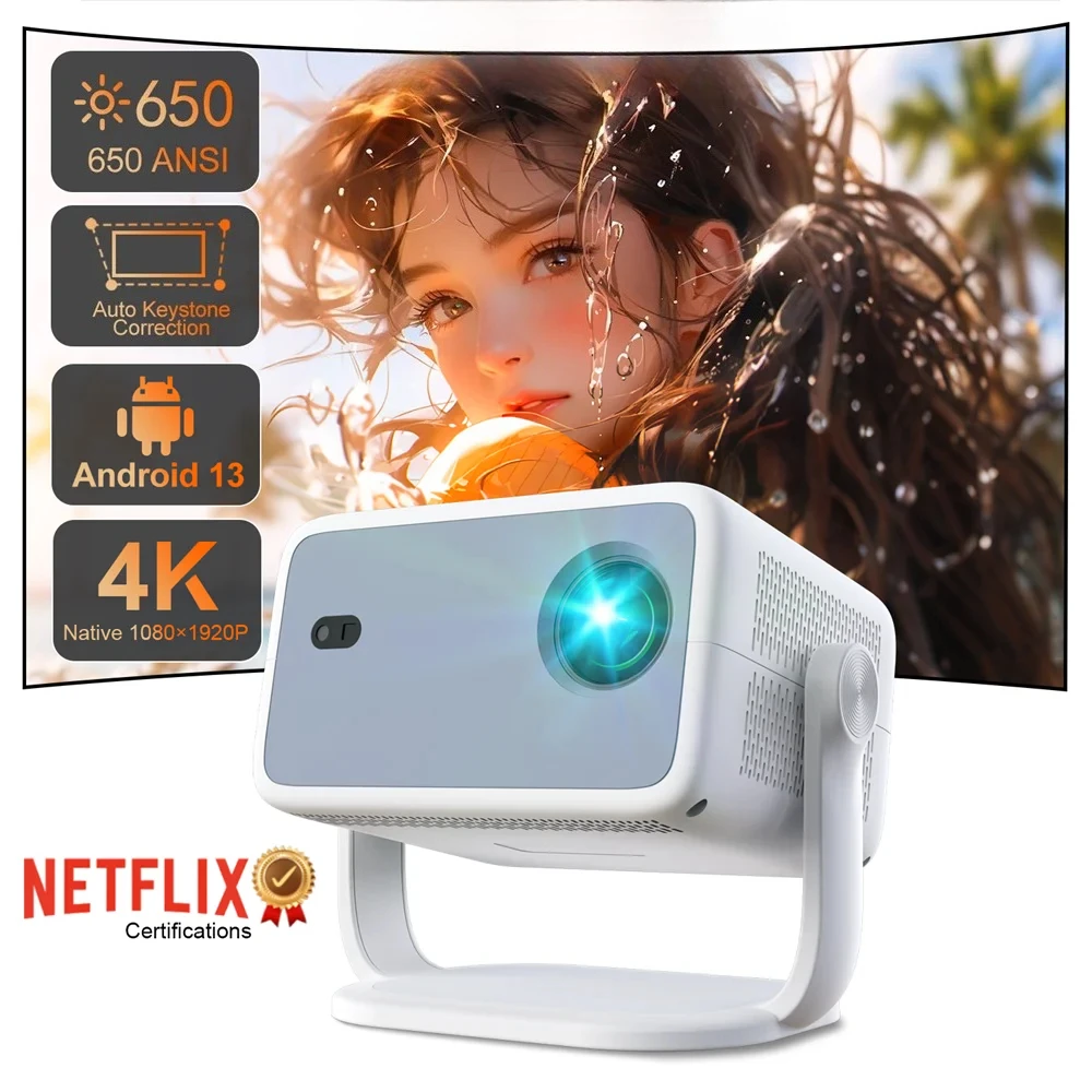

Netflix-Licensed Projector 4K 1080P Android 13 650ANSI Amlogic T950D4 Wifi6 BT5.2 With Auto Keystone Correction Focus