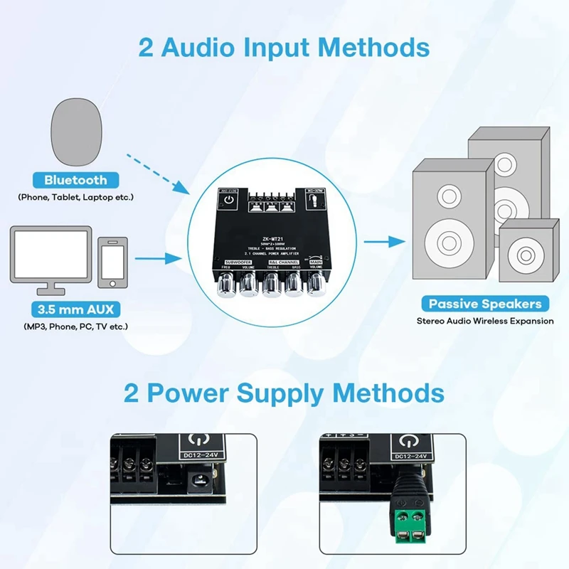 오디오 증폭기 보드 Bluetooth 50W×2+100W 2.1 채널, 고음 및 저음 제어 기능 포함 DIY 스피커 홈 시어터