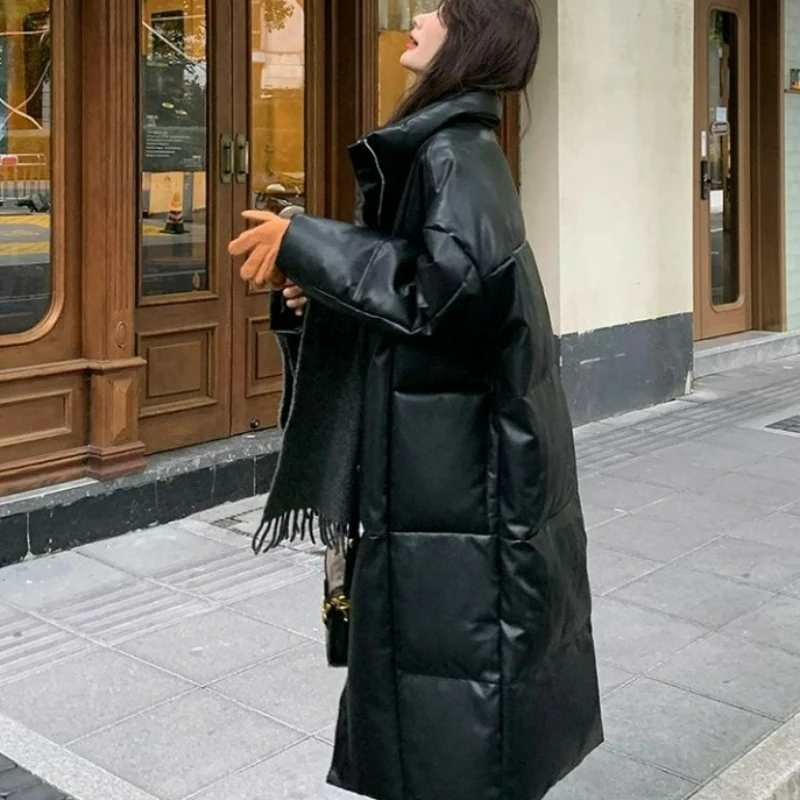 2026 Autumn Winter New Fashionable Thickened High-end Medium Length Jacket No Wash PU Leather Down Cotton Coat Women Long Style