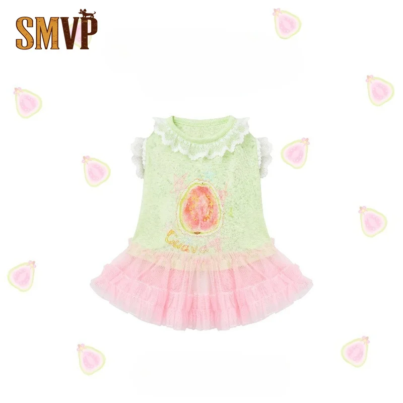 Spring Summer Pet Fresh Tutu Dress Lace Trim Sleeveless Tank Tulle Dress Breathable Cool Outfit Fruit Print Pet Party Costume