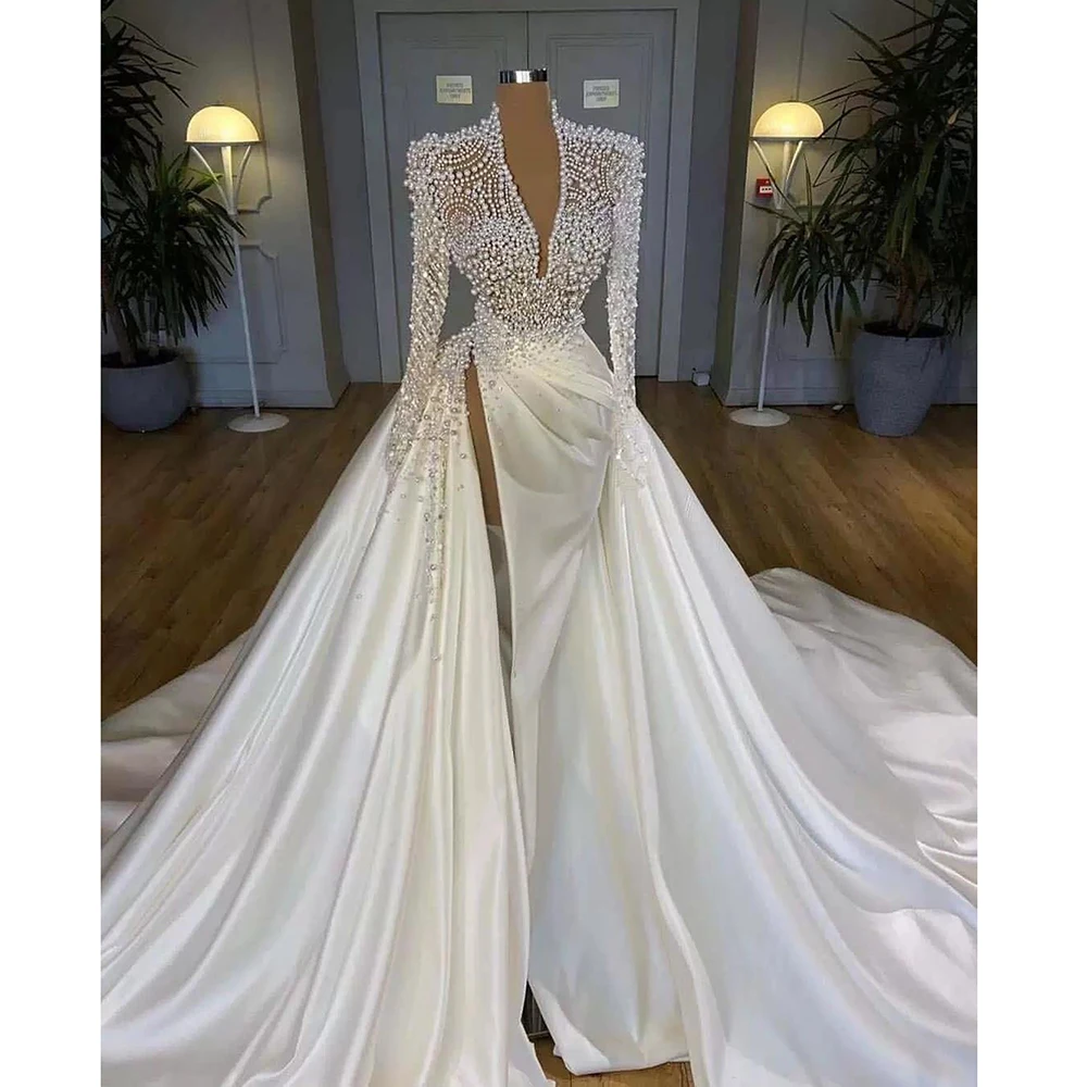 Luxury White Mermaid Wedding Dress High-Split Satin Skirt Illusion Tulle Pearls Bridal Gowns Detachable Train Robe De Mariee