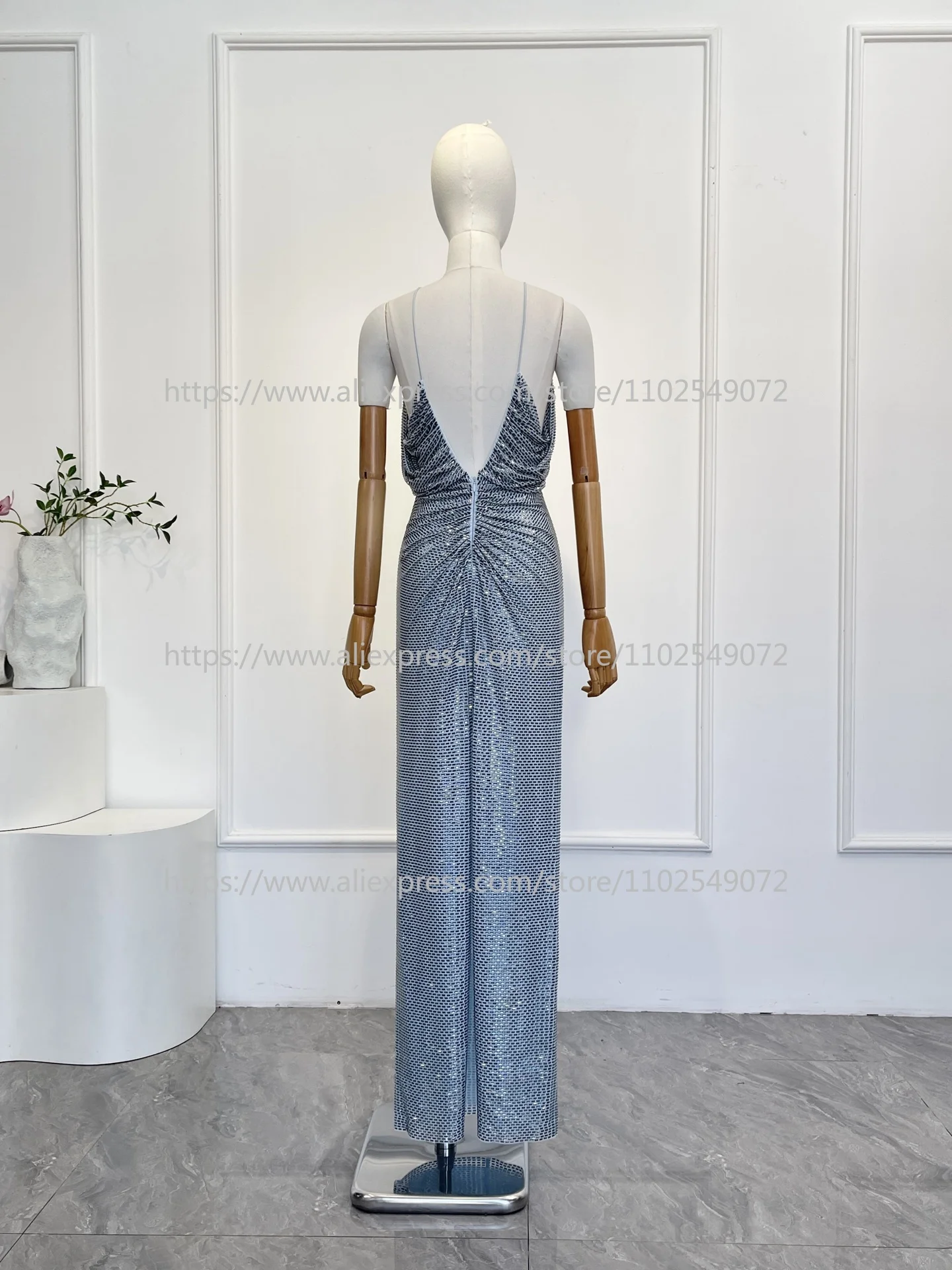

New 2026 Top Quality Light Blue Drape Diamonds V-Neck Sleeveless Women Elegant Spaghetti Mermaid Maxi Dress for Party