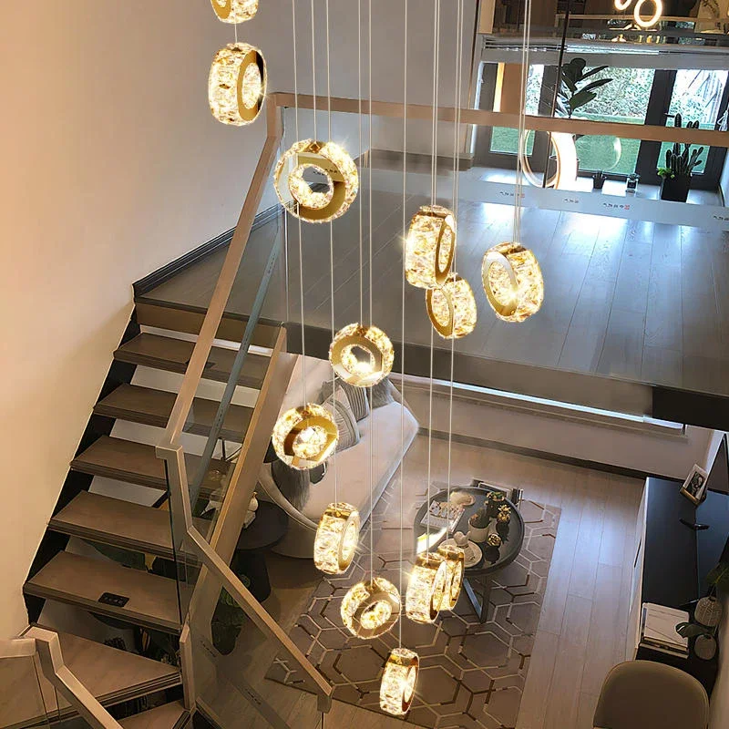 

REVEN Minimalist Chandelier Modern Ceiling Light K9 Crystal Pendant Lamp Gold Chrome Nordic for Living room staircase interior