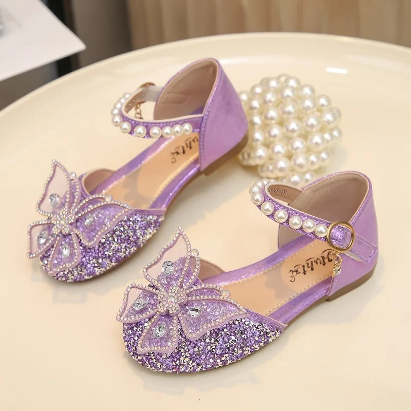 

Children princess shoes girls Mary Jane performance shoes with butterfly bow decoration rhinestones kids pearls flat casual shoe