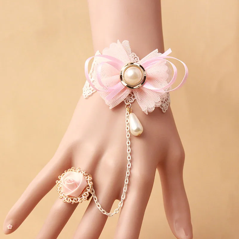 Lolita-pulsera de encaje de princesa, anillo de pulsera de perlas, lazo de flor rosa, accesorios dulces