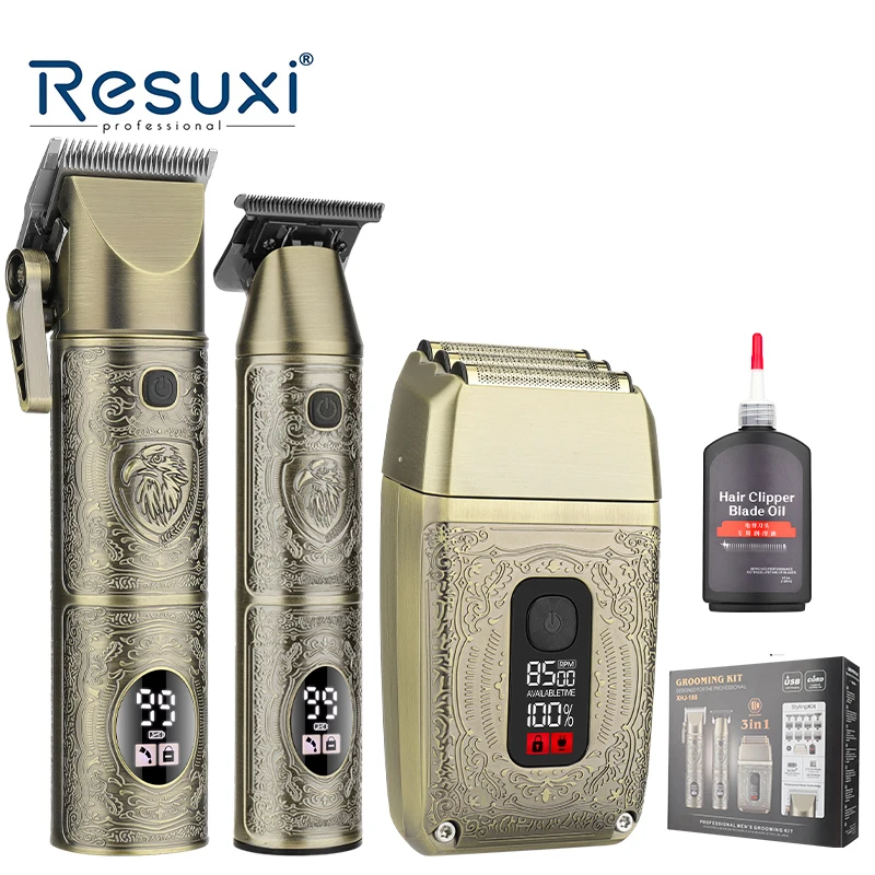 

Resuxi XHJ-188 Rechargeable Professional Barber Salon Hair Cutting Machine Clippers Trimmer Foil Shaver Gold 3 Pieces Set