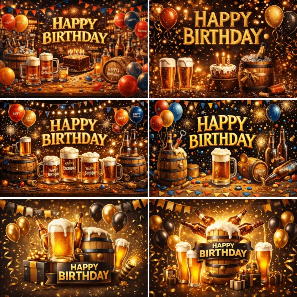 Beer Birthday Party Decoration Background Black Gold Glitter Balloon Bottle Wine Backdrop Adult Men Photo Booth Studio Banner