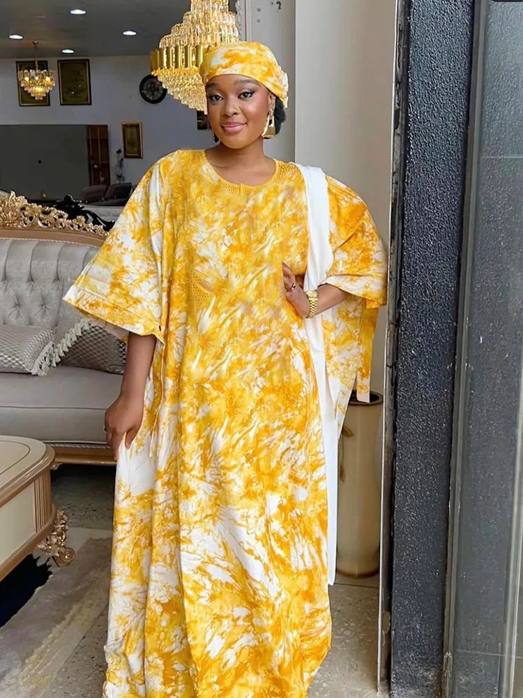 Yellow Printed Cotton 100% Cotton Soft And Skin Friendly African Ankara Traditional Wedding Party Boubou With Scarf Long Dresses