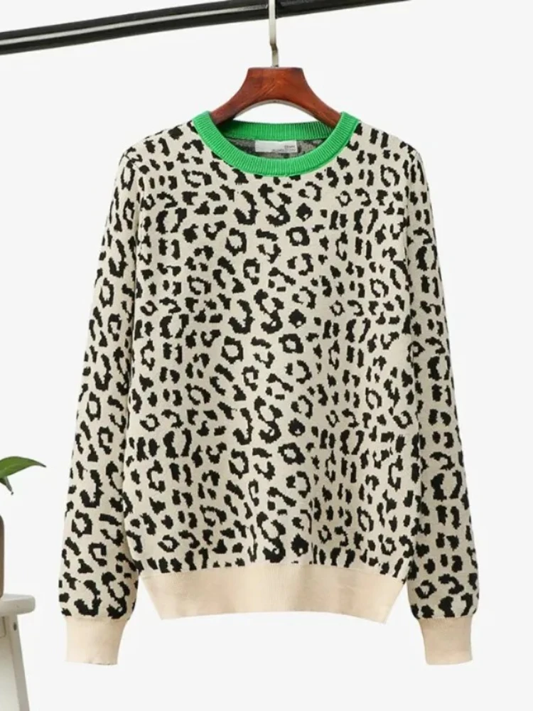 Nuevo en invierno, jerseys para mujer con estampado de leopardo, jersey básico con cuello redondo, Tops Vintage, suéteres de punto cálidos para mujer, ropa