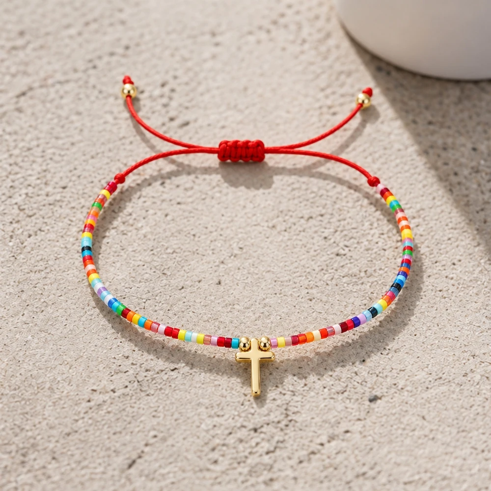 1pc Christian Cross Multicolor Glass Bead Bracelet Red Adjustable Lace-Up Cord Copper Charm Religious Style for Women