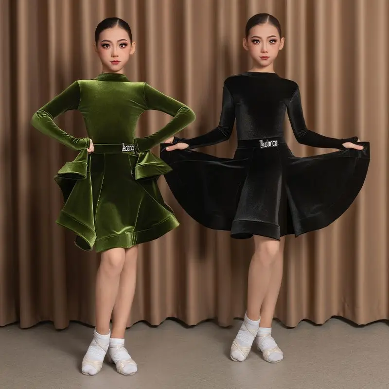 女の子のラテンダンストレーニング服 秋と冬 長袖ラテンダンススカート ステージパフォーマンス競技服