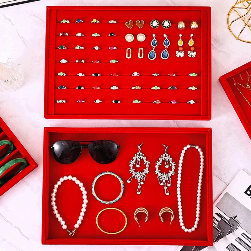 Red Velvet Multi-Hook Jewelry Tray, Large Capacity