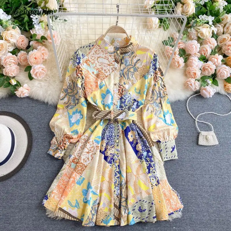 Spring New Trendy Vintage Style Print Long Sleeve Party Wear Girls Lace Up Slim Waist A-Line Mini Sexy Floral Dress with Belt