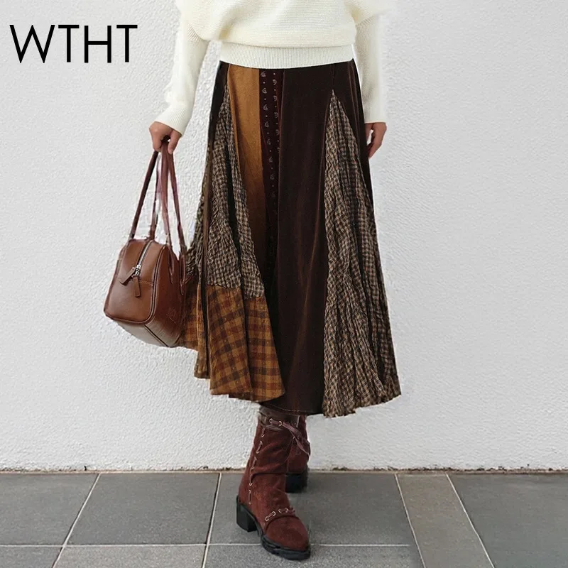 WTHT Vintage Plaid Spliced Irregular A-line Long Skirts For Women 2025 Autumn Fashion New Elastic Waist Skirt Female 1LS2680