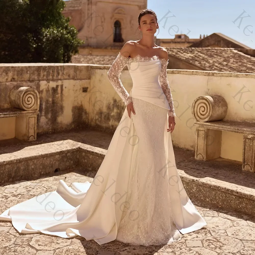Customized Strapless A-line Long Sleeve Wedding Dress Off The Shoulder Lace Applique Pleat Detachable Train Backless Bride Gowns