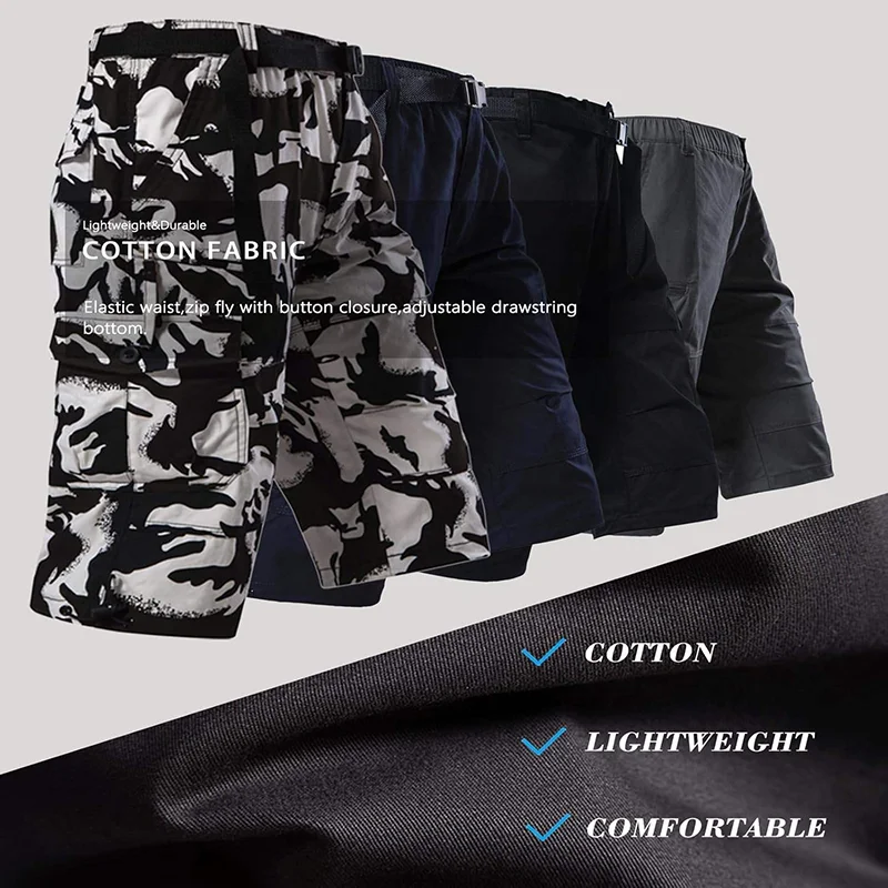 Mens Cargo Shorts 3/4 Cropped Shorts Light Weight Cotton Hiking Running Outdoor Camping Sweat Short Pants with a Belt