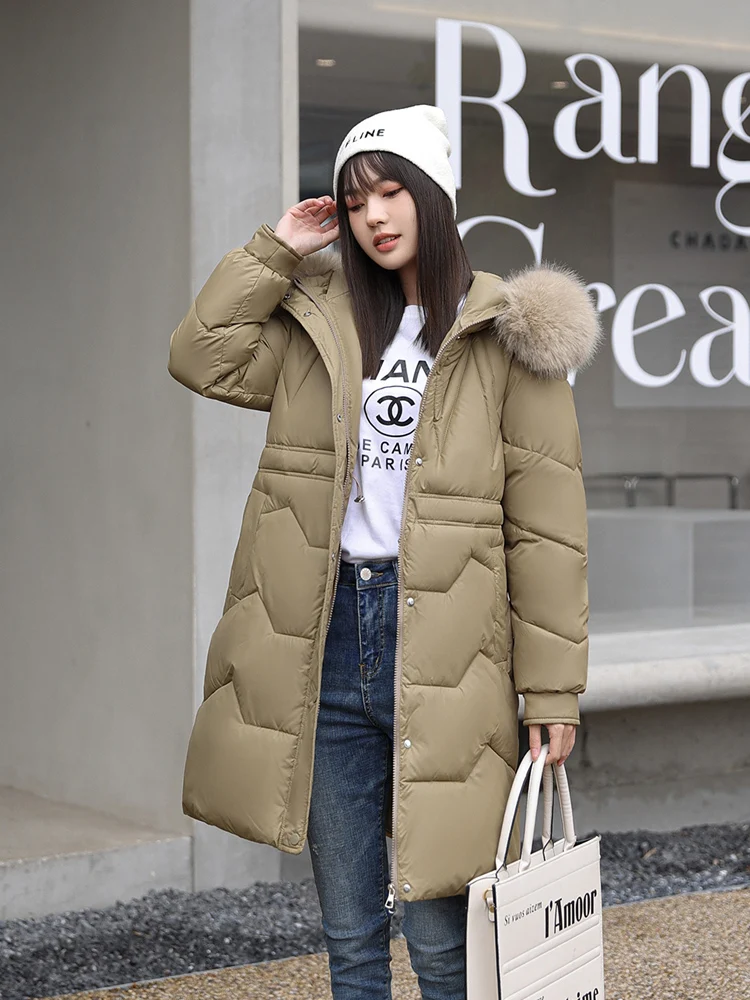Vielleicht 2023 Korean Fashion Down Cotton Hooded Winter Jacket Women All-Match Mid-Length Cotton Women Fur Collar Parkas Coat