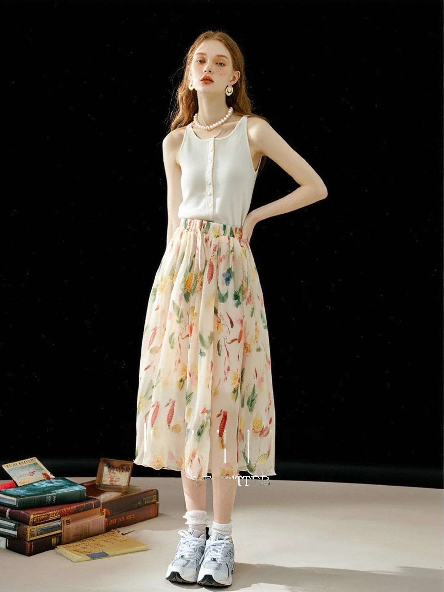 Huaappuw Gentle Floral Elastic Half Skirt Women's Summer New High Waist Slit A-Line Skirt Commute Daily Travel Standard Fit