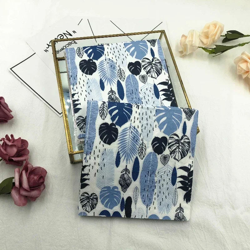 20pcs/Bag Colourful Printed Napkins Blue Leaves Creative Square Folding Facial Napkins Restaurant Party Baking Mouthcloths