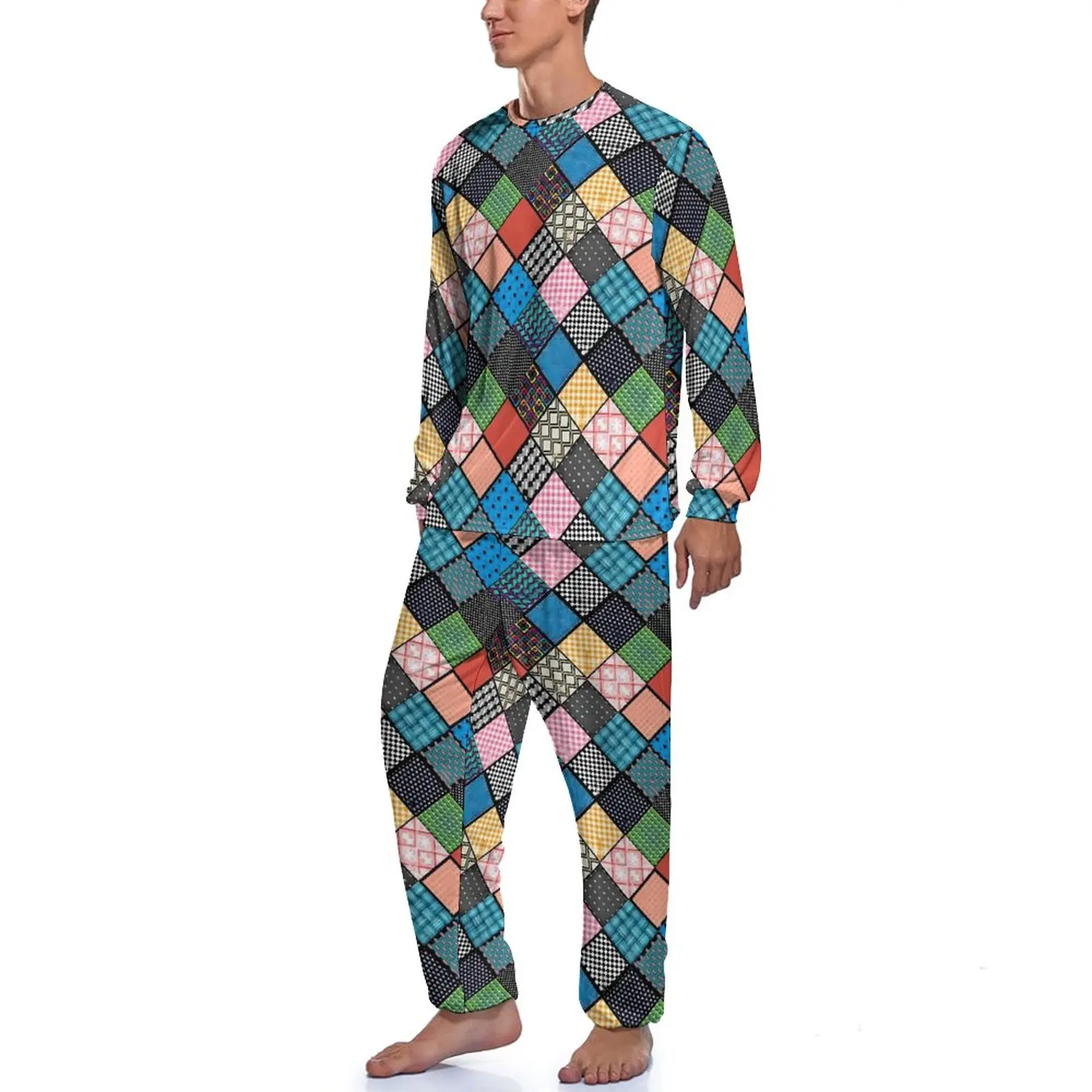 Pyjama à Manches sulfavec Imprimé Patchwork pour Homme, Ensemble de 2 Pièces Rétro, Carré, Design Printemps, Vêtements de Nuit, Cadeau d'Anniversaire