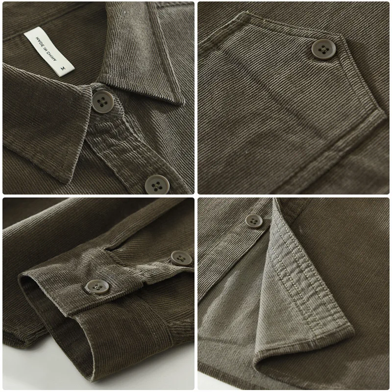 2025 خريف شتاء جديد خمر فضفاض 100% القطن سميكة سروال قصير قميص للرجال الراحة بدوره إلى أسفل طوق الذكور القمصان CM7961