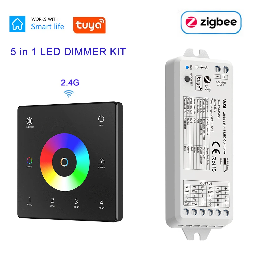 ZigBee RF 5 in 1 LED Controller 4 ZONE Wall Mounted Touch Panel APP Voice Smart 12V 24V LED Strip Dimmer KIT For Indoor Lighting