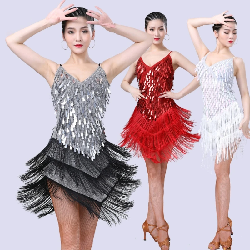 Latin Dance Dress Competition Costumes Skirt Sequin Tassel Various Color Sling Fringe Adult Children Dance Performing Skirt Wear