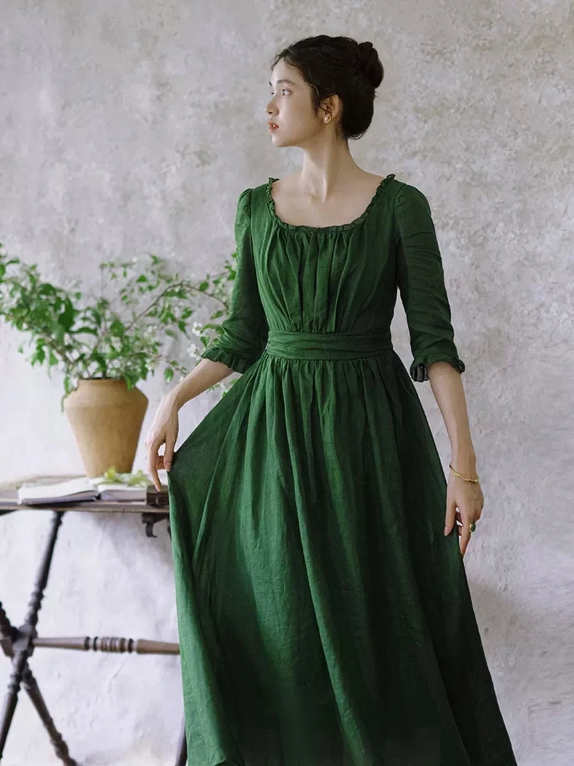 84-96cm Bust Spring Summer Women European Victorian Vintage Slim Waist Comfortable Thin Light Ramie Green Dresses